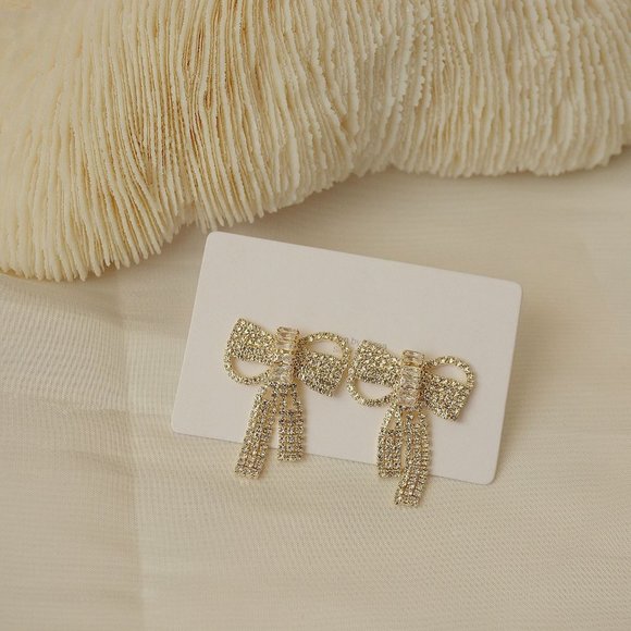 NEW 14K Gold Plated Diamond Bow Knot Earrings - Picture 5 of 6